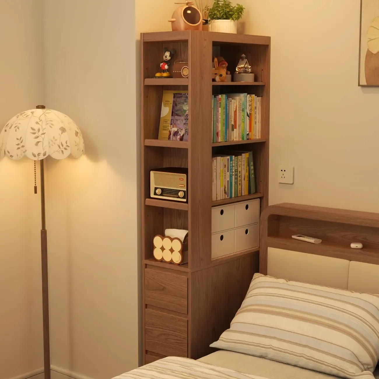 Narrow Oak Wood Corner Bookcase with Drawers Image - 4