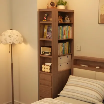 Narrow Oak Wood Corner Bookcase with Drawers Image - 4