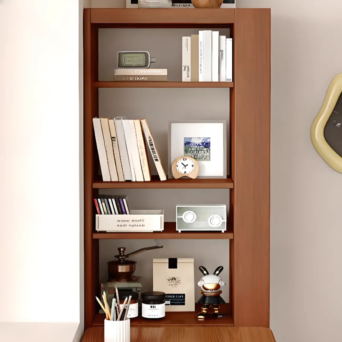 Narrow Oak Wood Corner Bookcase with Drawers Image - 6