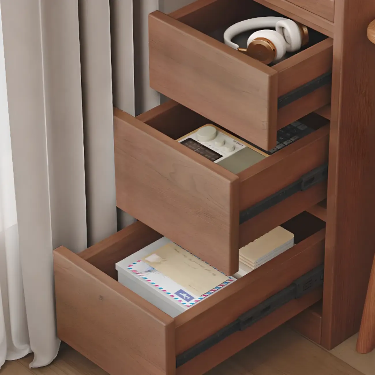 Narrow Oak Wood Corner Bookcase with Drawers Image - 7