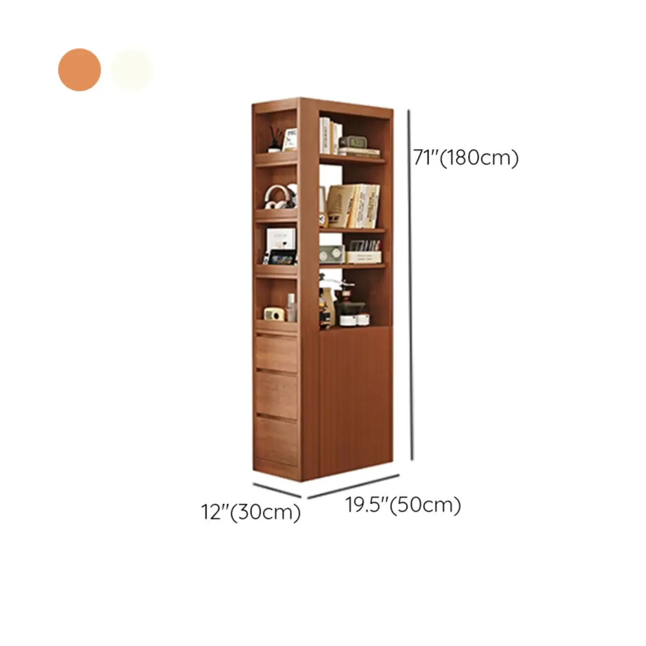 Narrow Oak Wood Corner Bookcase with Drawers #size