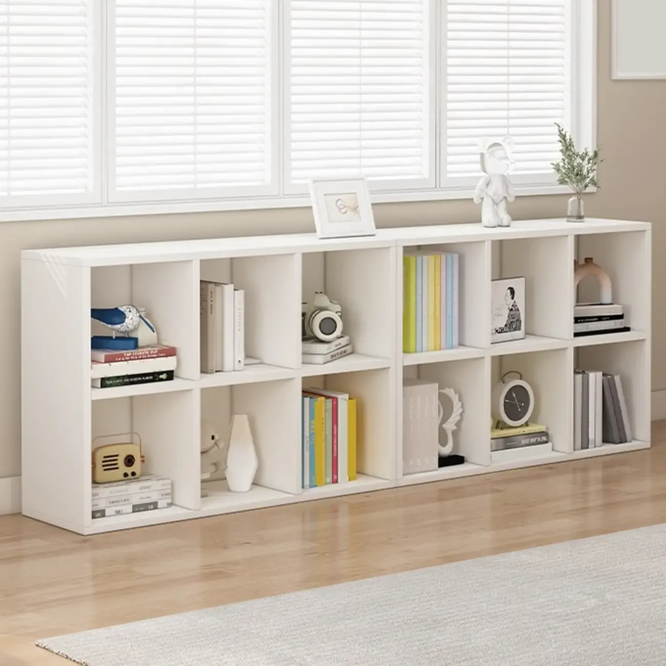 Minimalist White/ Natural Finish Wood Low Cube Bookcase Image - 1