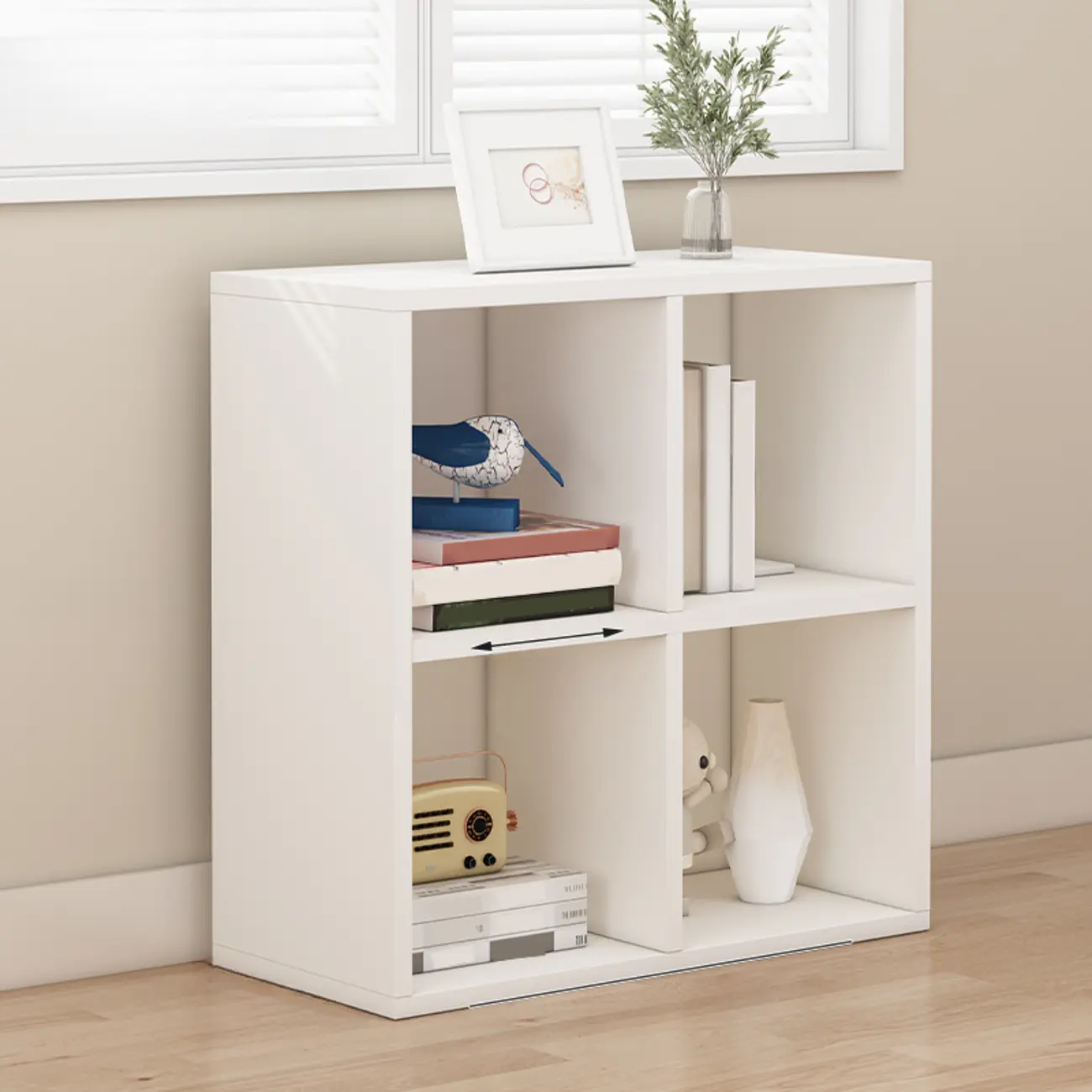 Minimalist White/ Natural Finish Wood Low Cube Bookcase Image - 3 | homeyfad