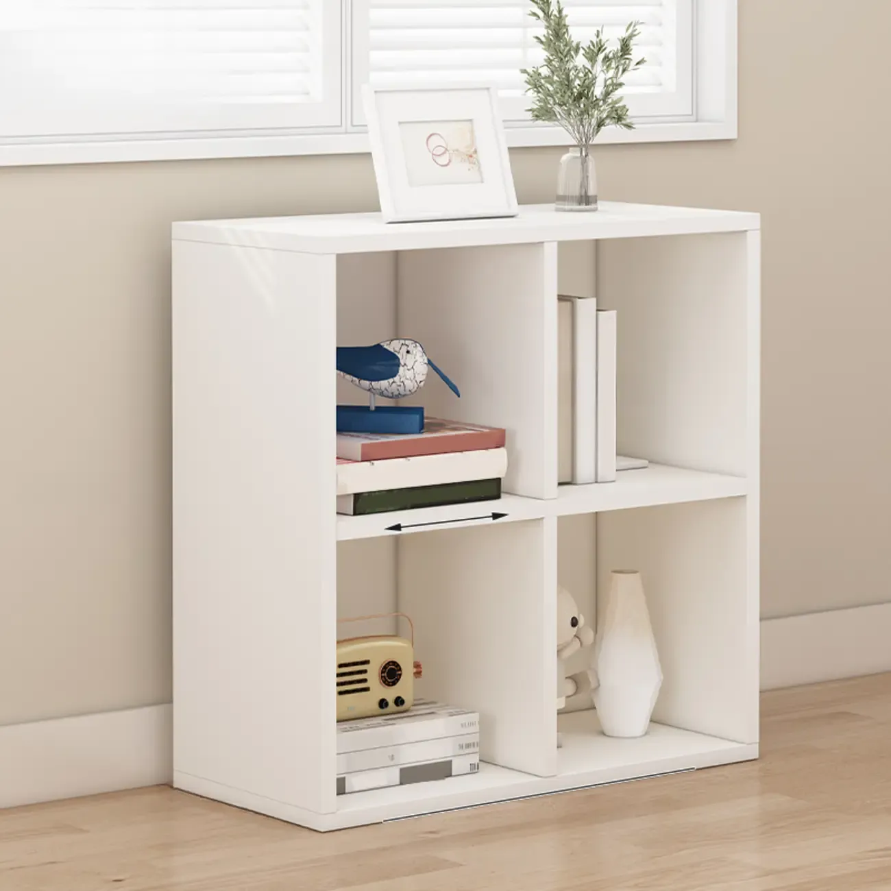 Minimalist White/ Natural Finish Wood Low Cube Bookcase Image - 3