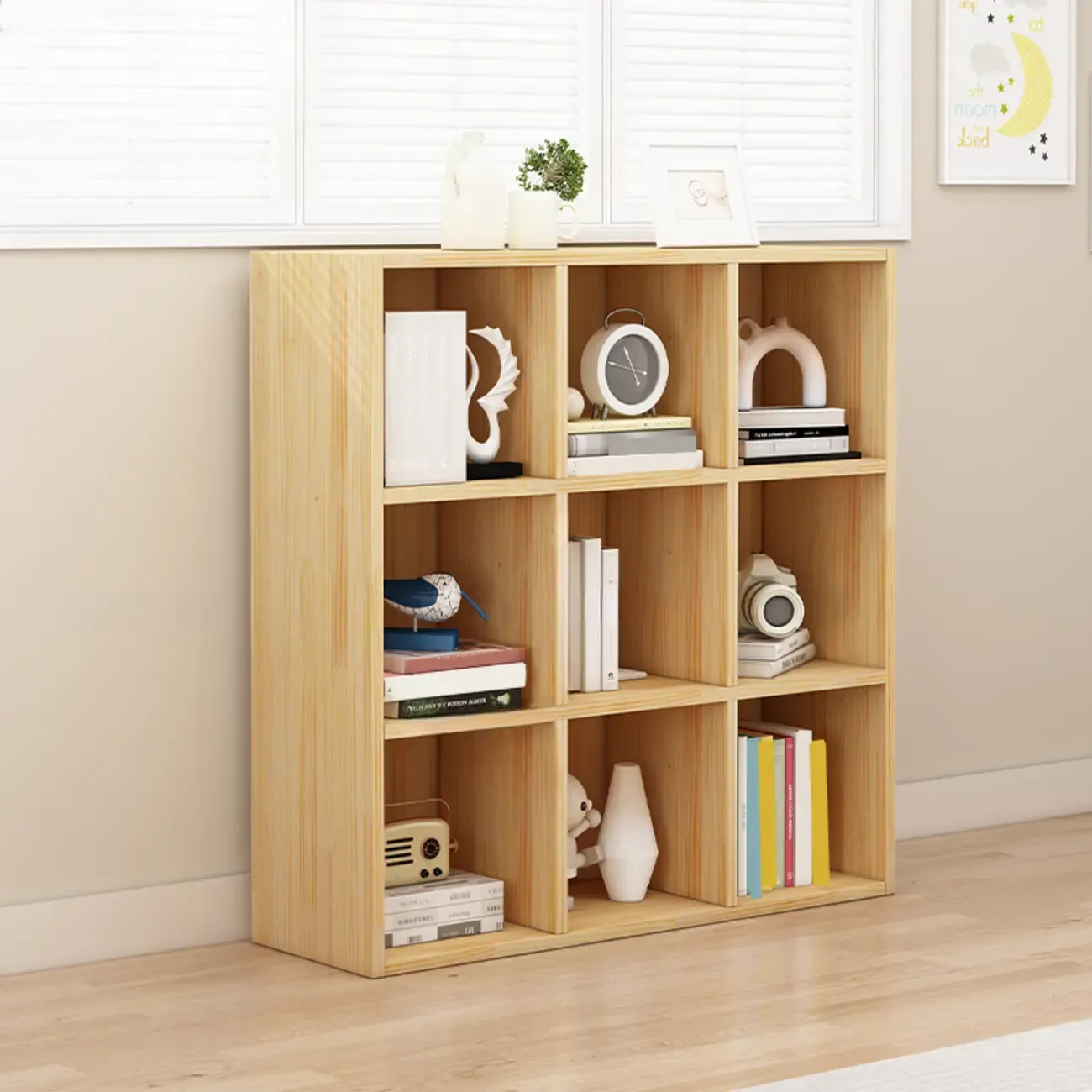 Minimalist White/ Natural Finish Wood Low Cube Bookcase Image - 4