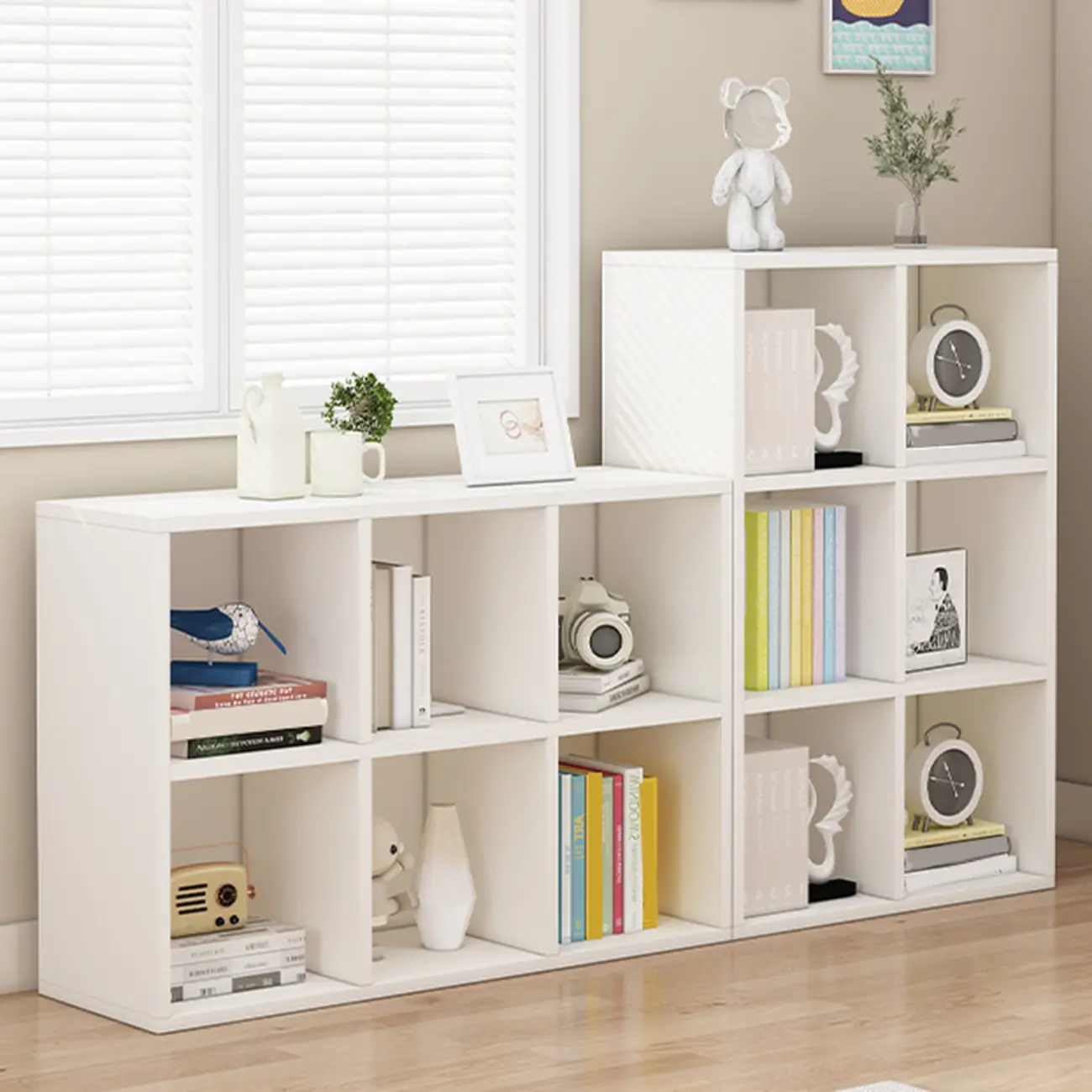 Minimalist White/ Natural Finish Wood Low Cube Bookcase Image - 5 | homeyfad
