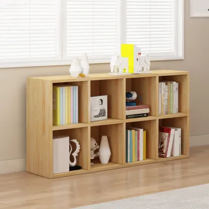 Minimalist White/ Natural Finish Wood Low Cube Bookcase Image - 2