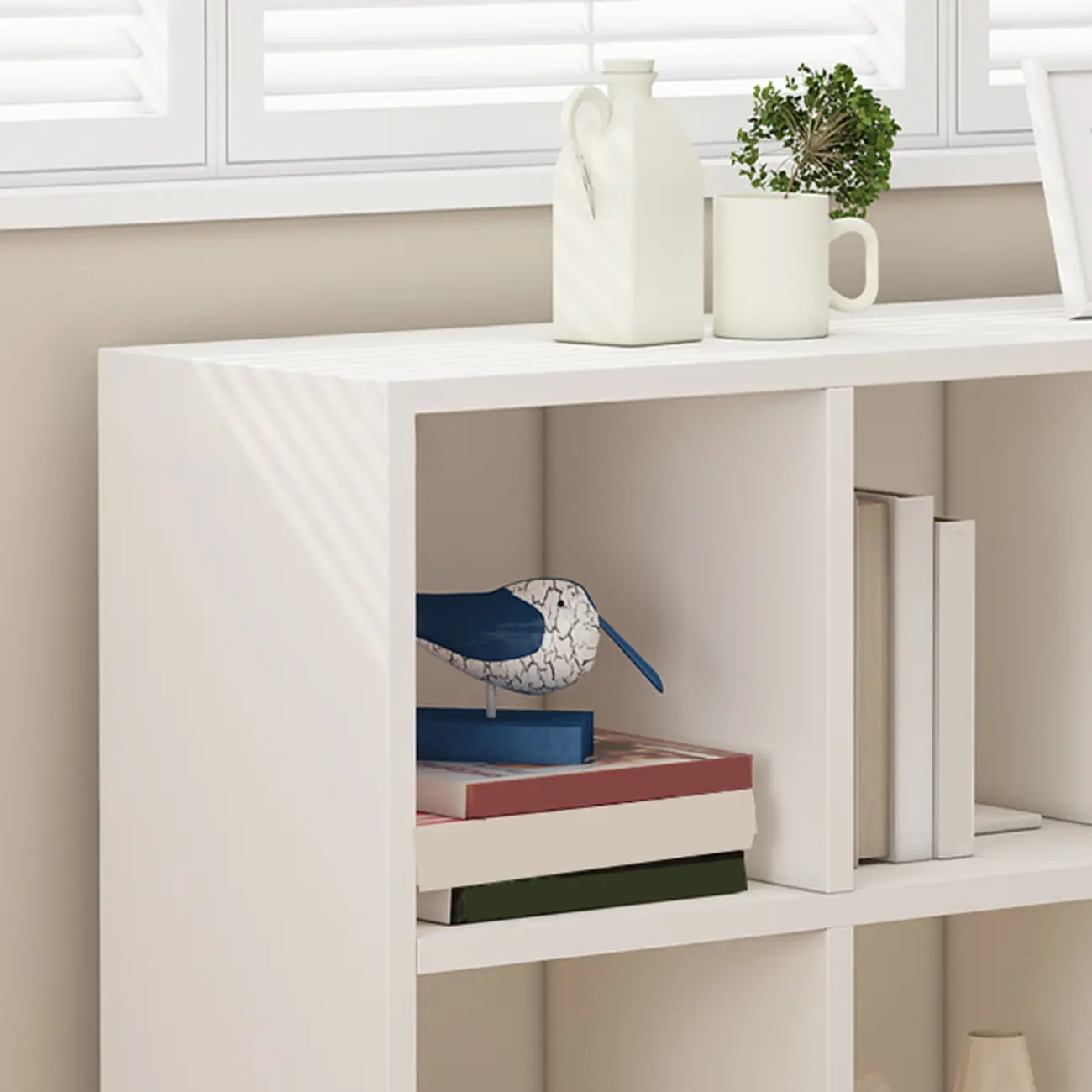 Minimalist White/ Natural Finish Wood Low Cube Bookcase Image - 6 | homeyfad
