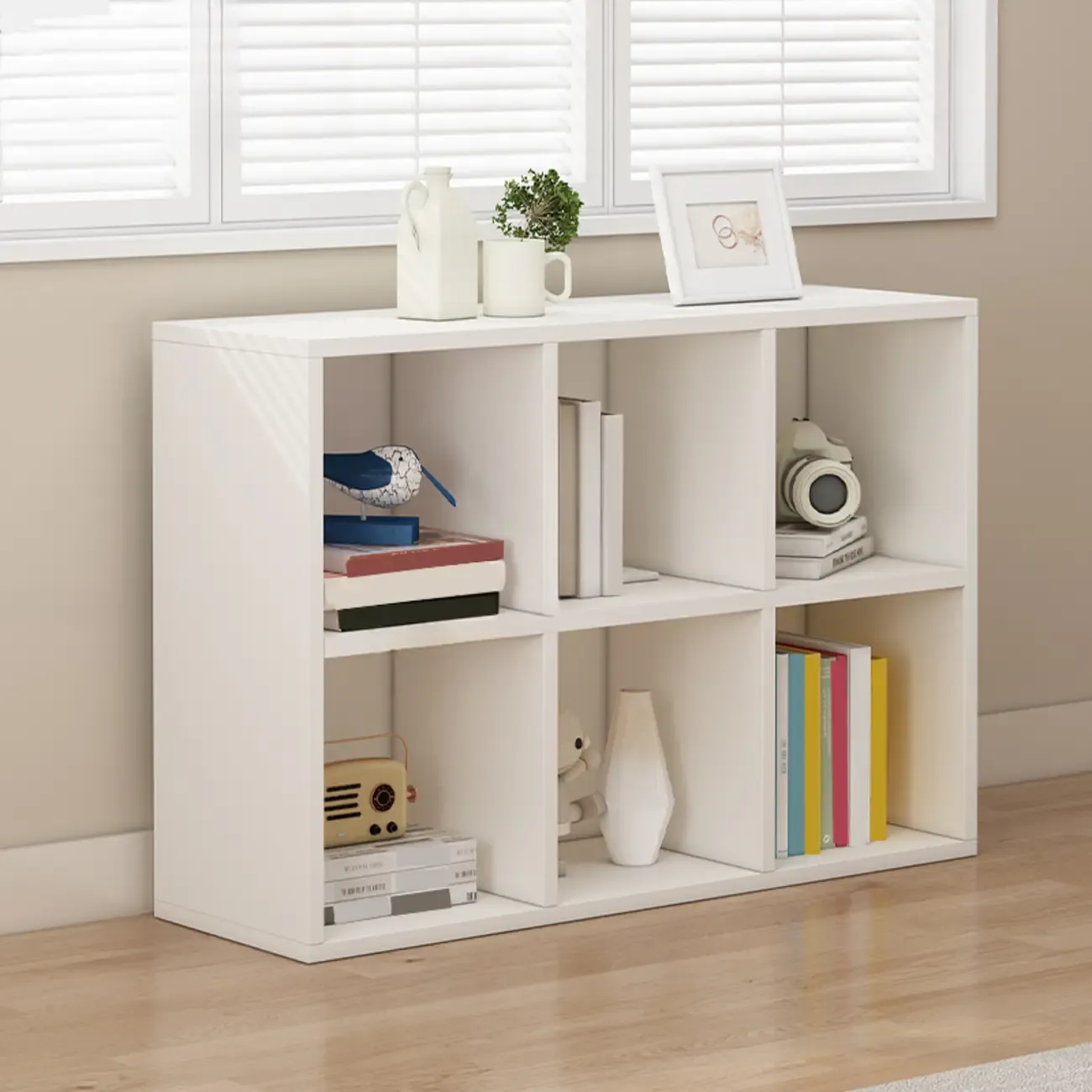Minimalist White/ Natural Finish Wood Low Cube Bookcase Image - 7