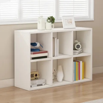 Minimalist White/ Natural Finish Wood Low Cube Bookcase Image - 7