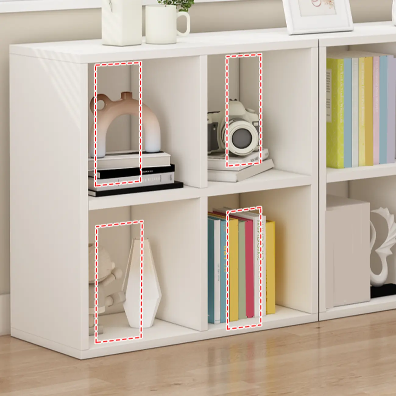 Minimalist White/ Natural Finish Wood Low Cube Bookcase Image - 8 | homeyfad