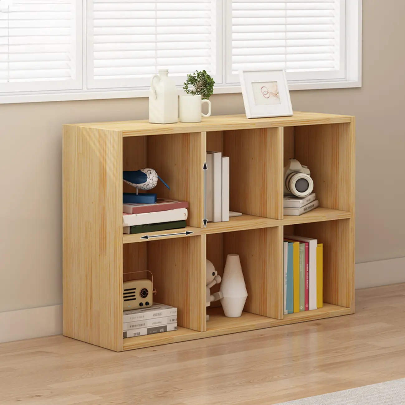 Minimalist White/ Natural Finish Wood Low Cube Bookcase Image - 9 | homeyfad
