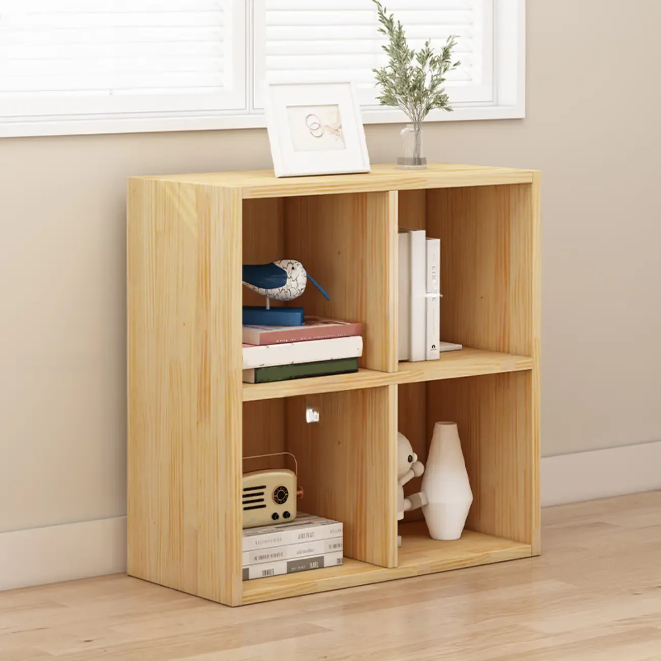 Minimalist White/ Natural Finish Wood Low Cube Bookcase Image - 11