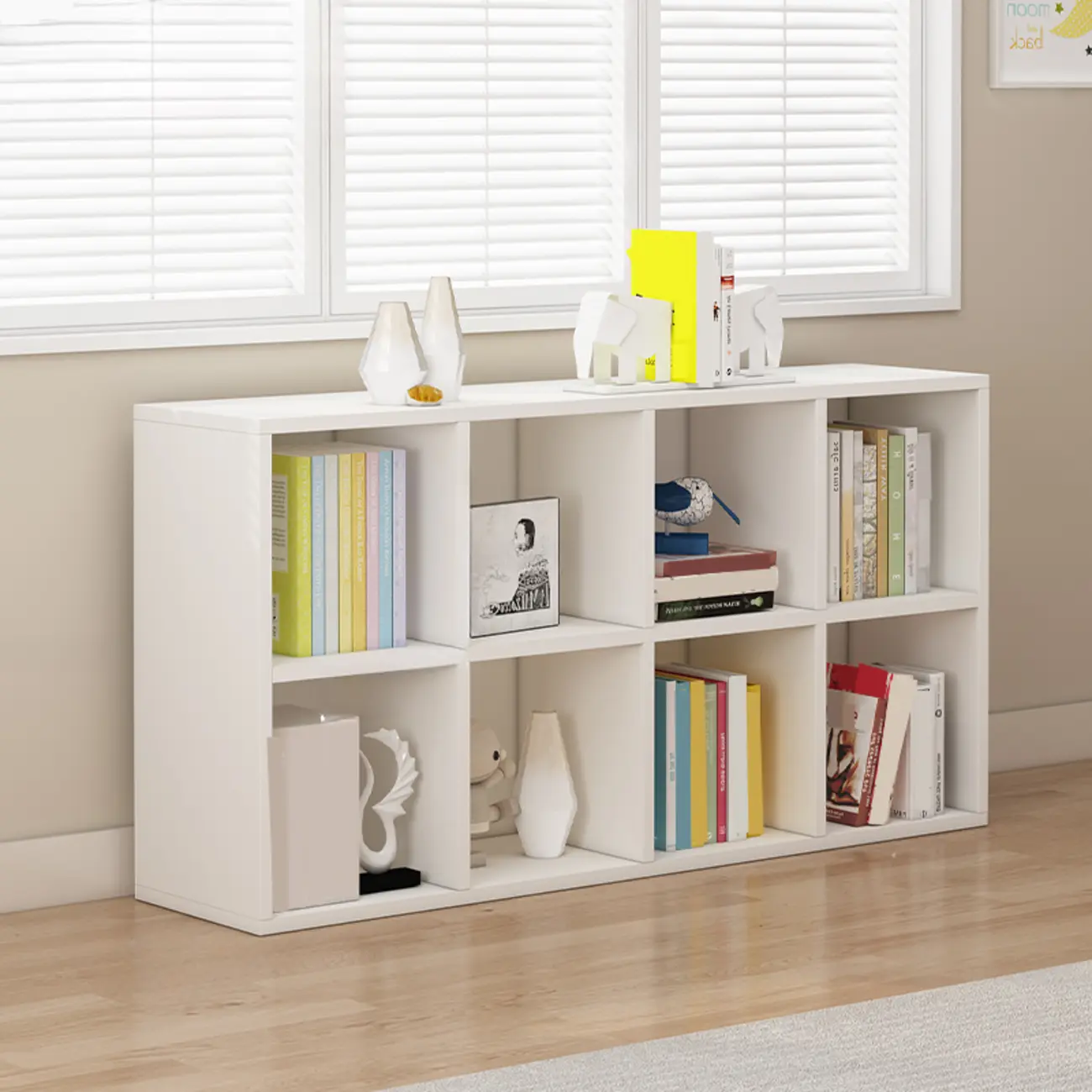 Minimalist White/ Natural Finish Wood Low Cube Bookcase Image - 12 | homeyfad