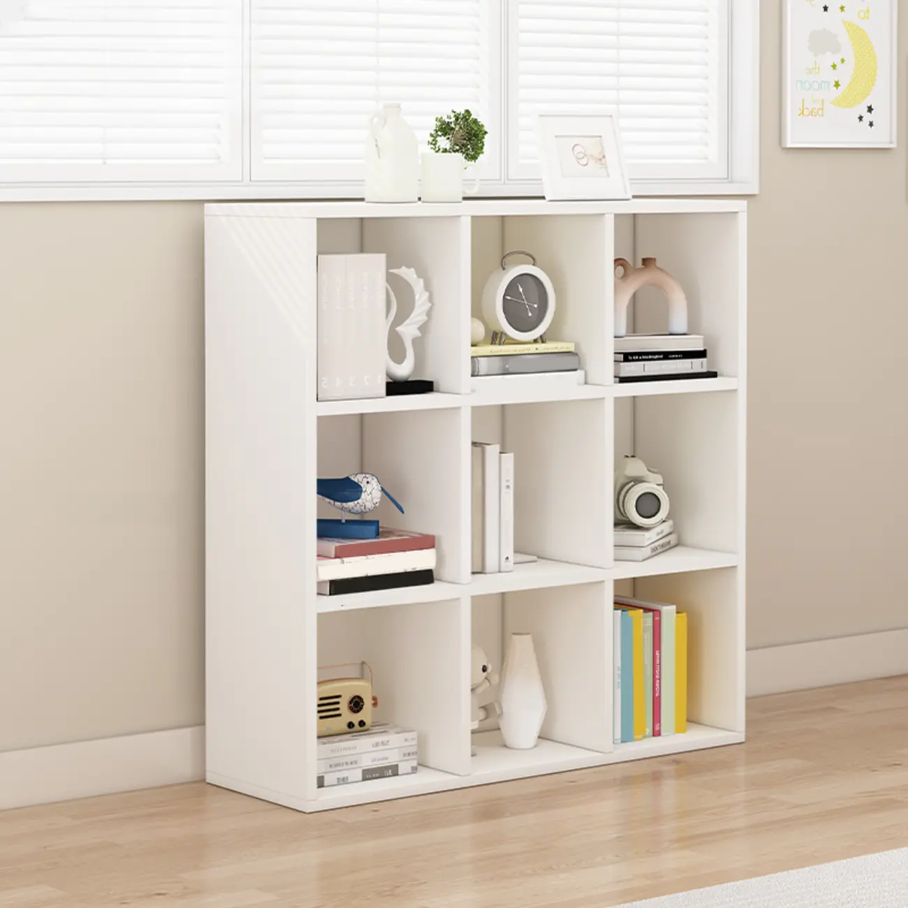 Minimalist White/ Natural Finish Wood Low Cube Bookcase Image - 13 | homeyfad