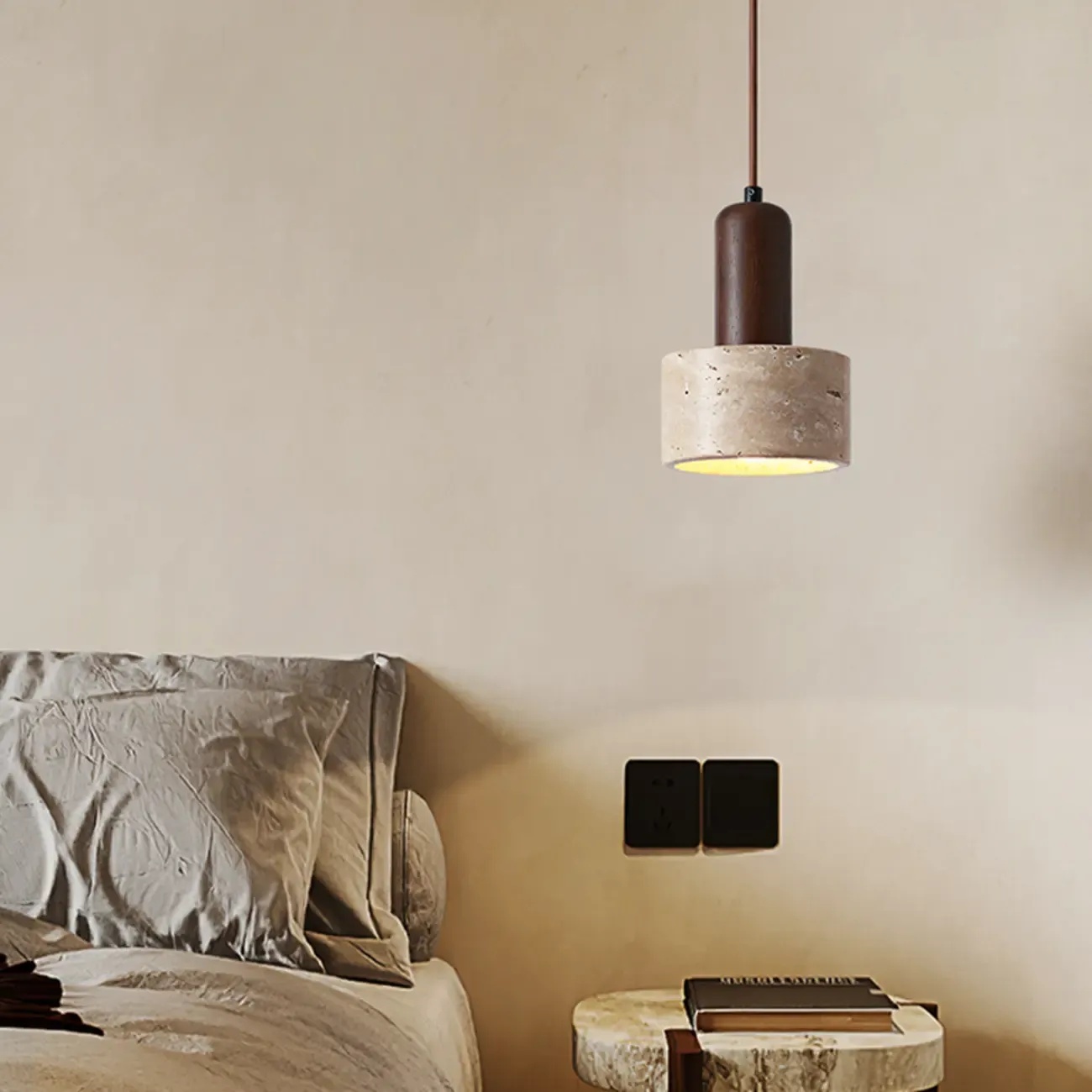 Cylinder Wood and Stone Bedside Pendant Wall Sconce  Image - 3