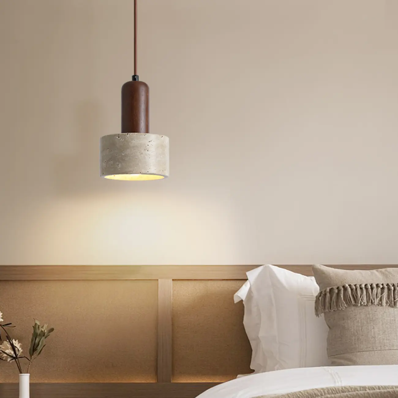 Cylinder Wood and Stone Bedside Pendant Wall Sconce  Image - 4 | homeyfad