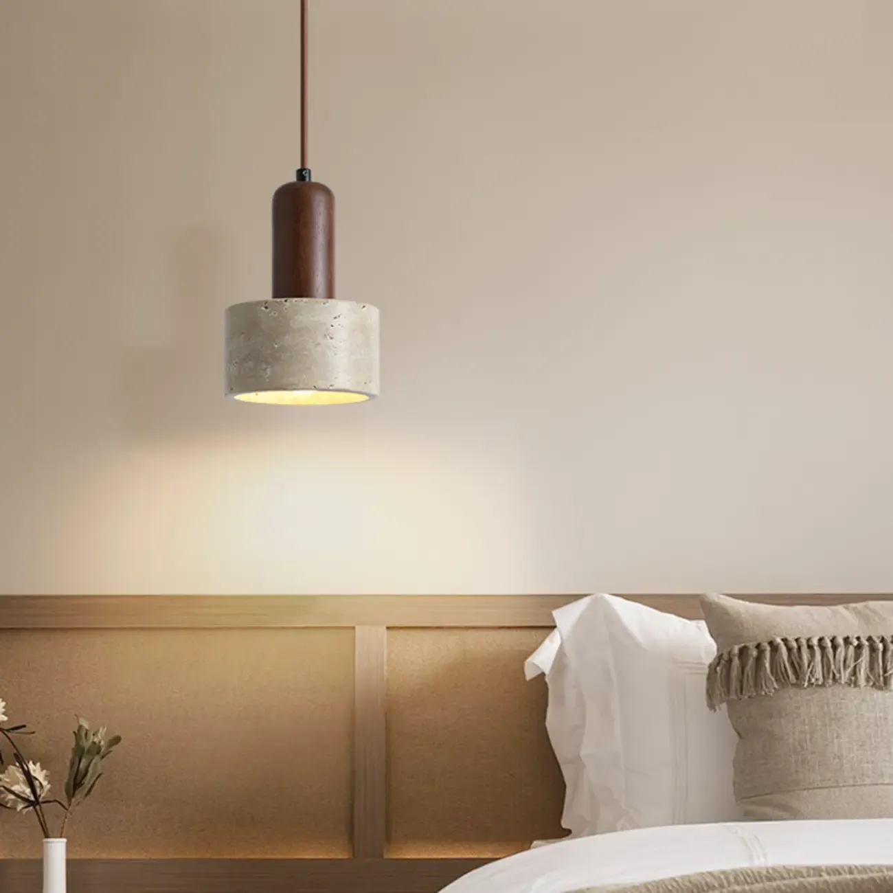 Cylinder Wood and Stone Bedside Pendant Wall Sconce  Image - 4