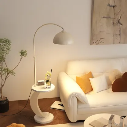 Geometric Ivory Arc LED Floor Lamp with Storage Shelf for Indoor