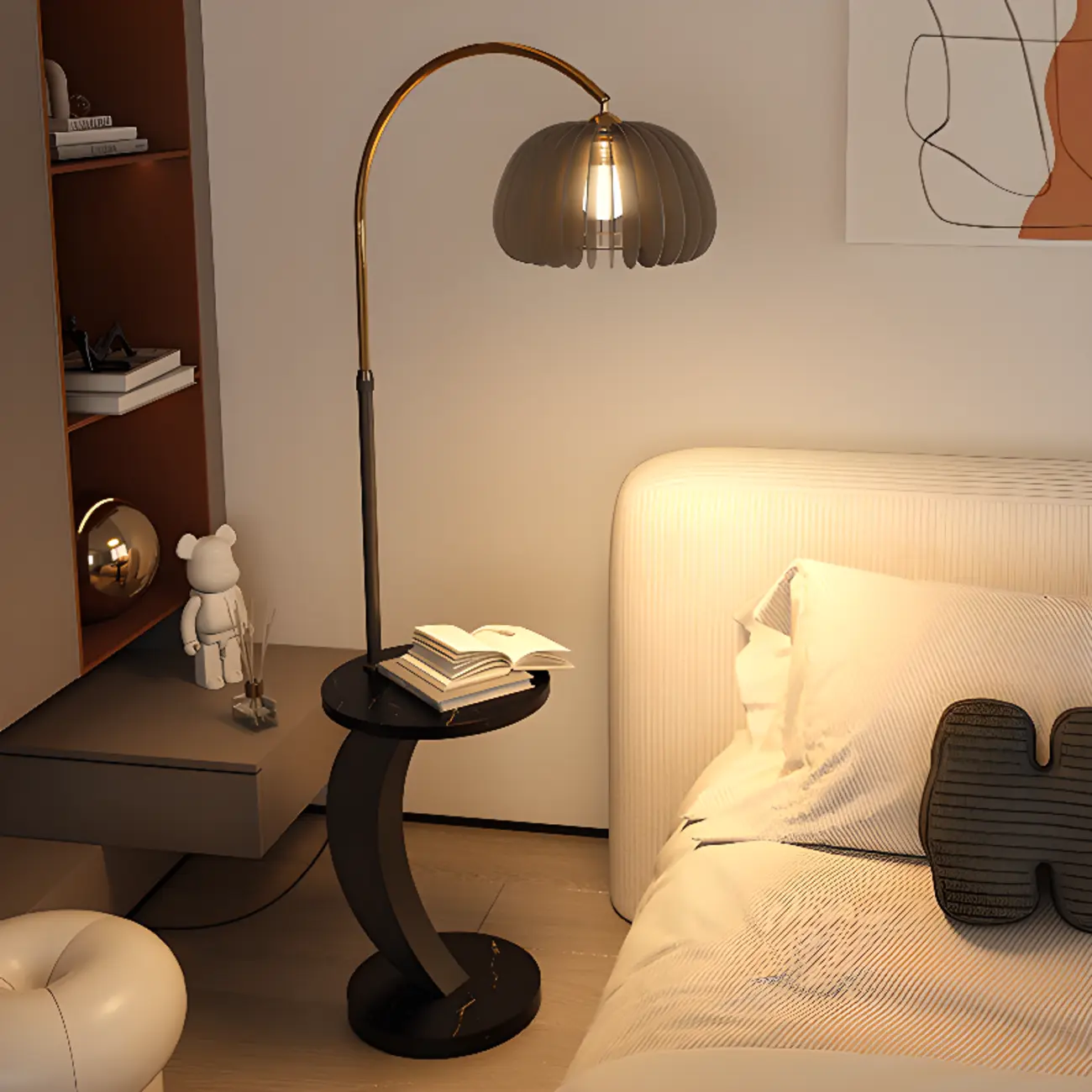 Geometric Ivory Arc LED Floor Lamp with Storage Shelf for Indoor | homeyfad