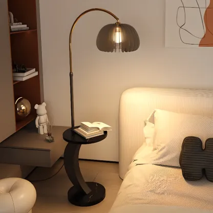 Geometric Ivory Arc LED Floor Lamp with Storage Shelf for Indoor