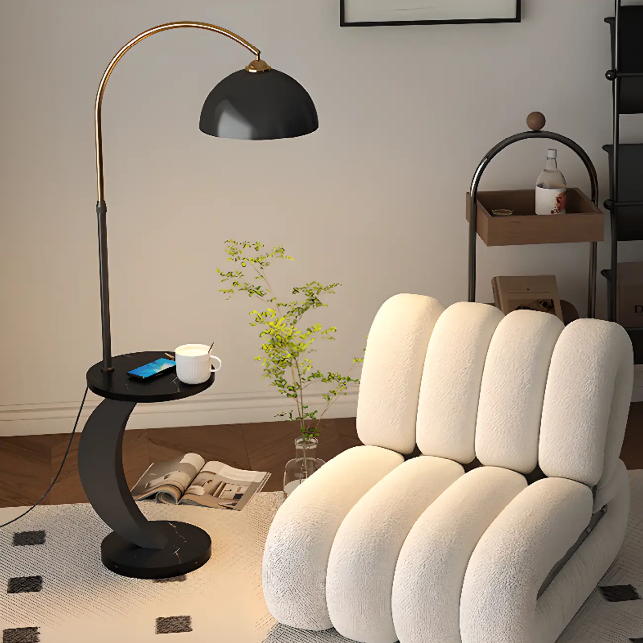 Geometric Ivory Arc LED Floor Lamp with Storage Shelf for Indoor | homeyfad