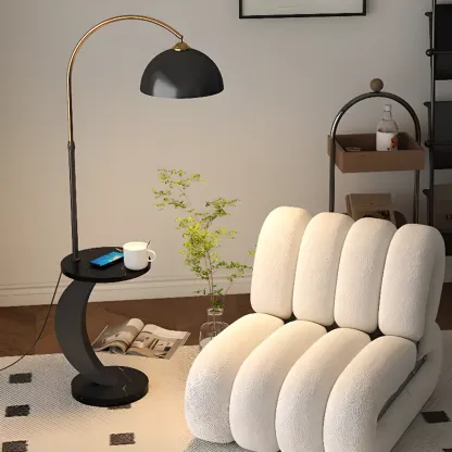 Geometric Ivory Arc LED Floor Lamp with Storage Shelf for Indoor