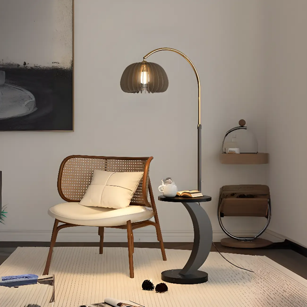 Geometric Ivory Arc LED Floor Lamp with Storage Shelf for Indoor