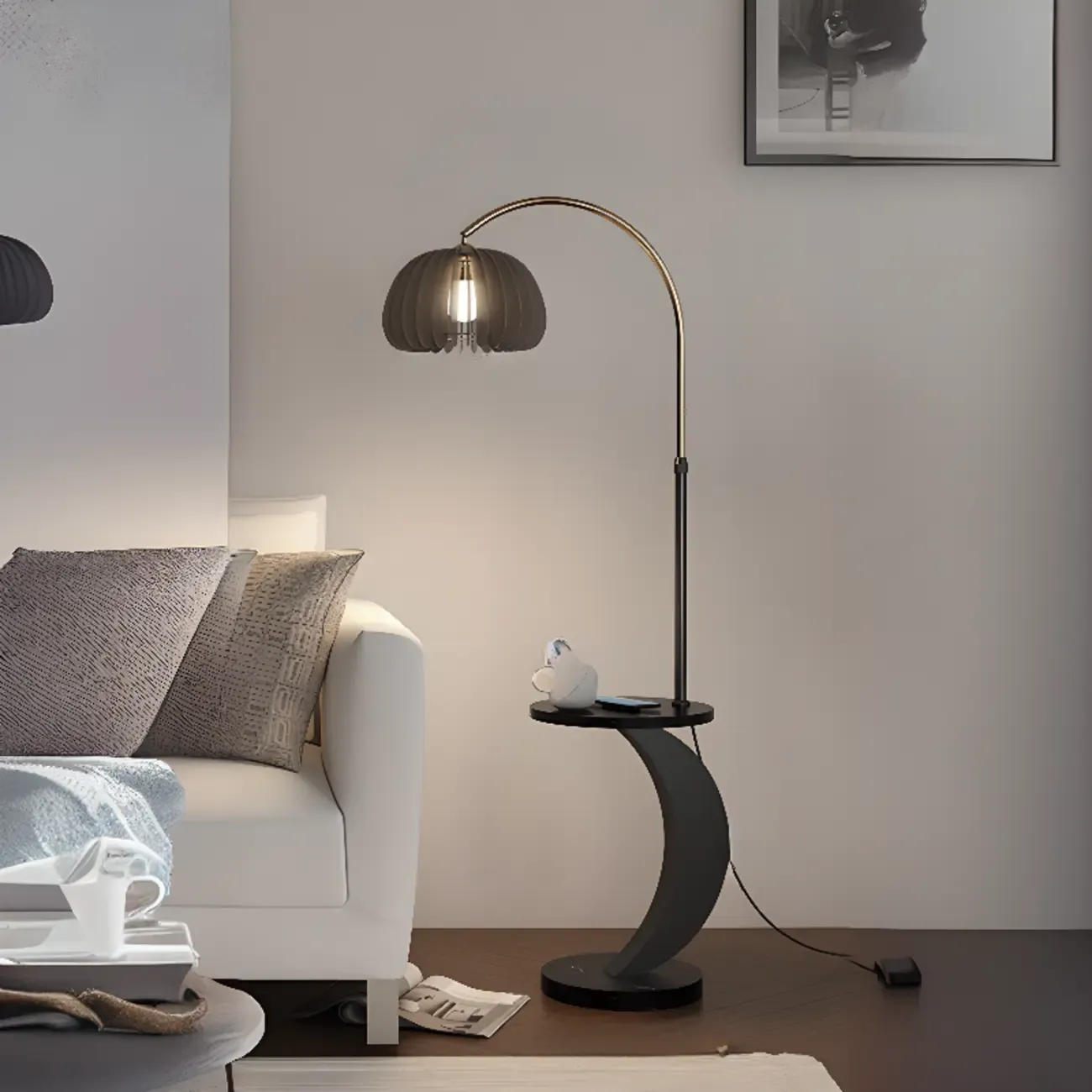 Geometric Ivory Arc LED Floor Lamp with Storage Shelf for Indoor