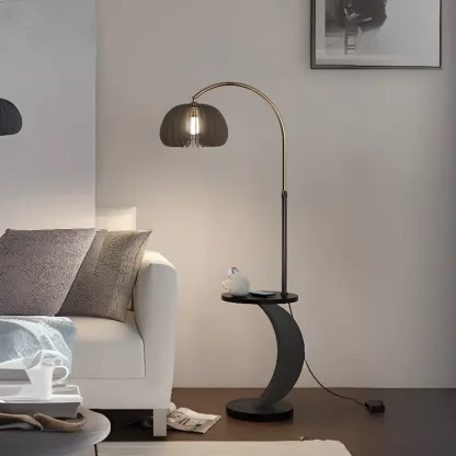 Geometric Ivory Arc LED Floor Lamp with Storage Shelf for Indoor