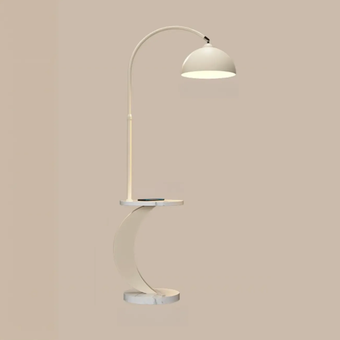 Geometric Ivory Arc LED Floor Lamp with Storage Shelf for Indoor