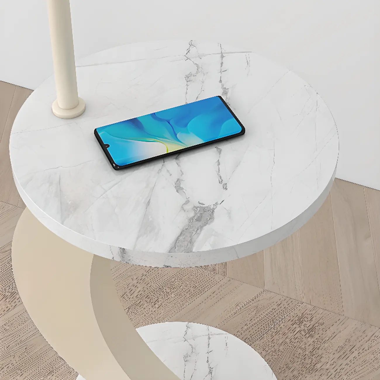 Geometric Ivory Arc LED Floor Lamp with Storage Shelf for Indoor | homeyfad