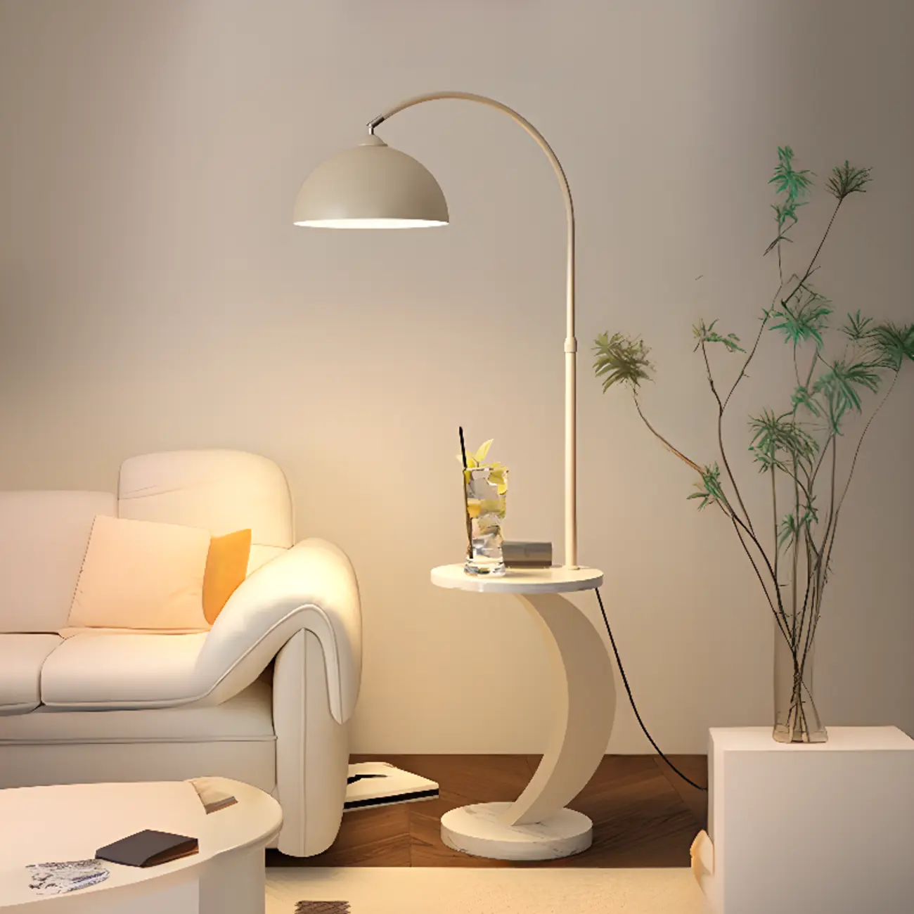 Geometric Ivory Arc LED Floor Lamp with Storage Shelf for Indoor | homeyfad
