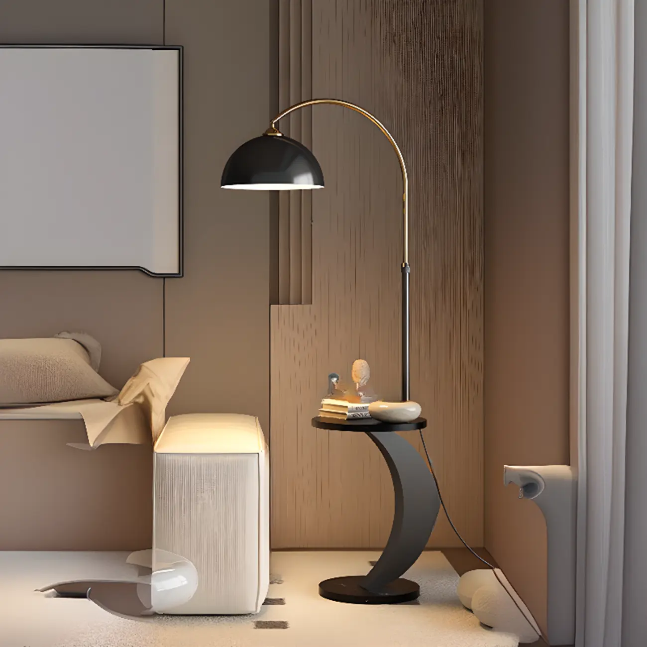 Geometric Ivory Arc LED Floor Lamp with Storage Shelf for Indoor | homeyfad