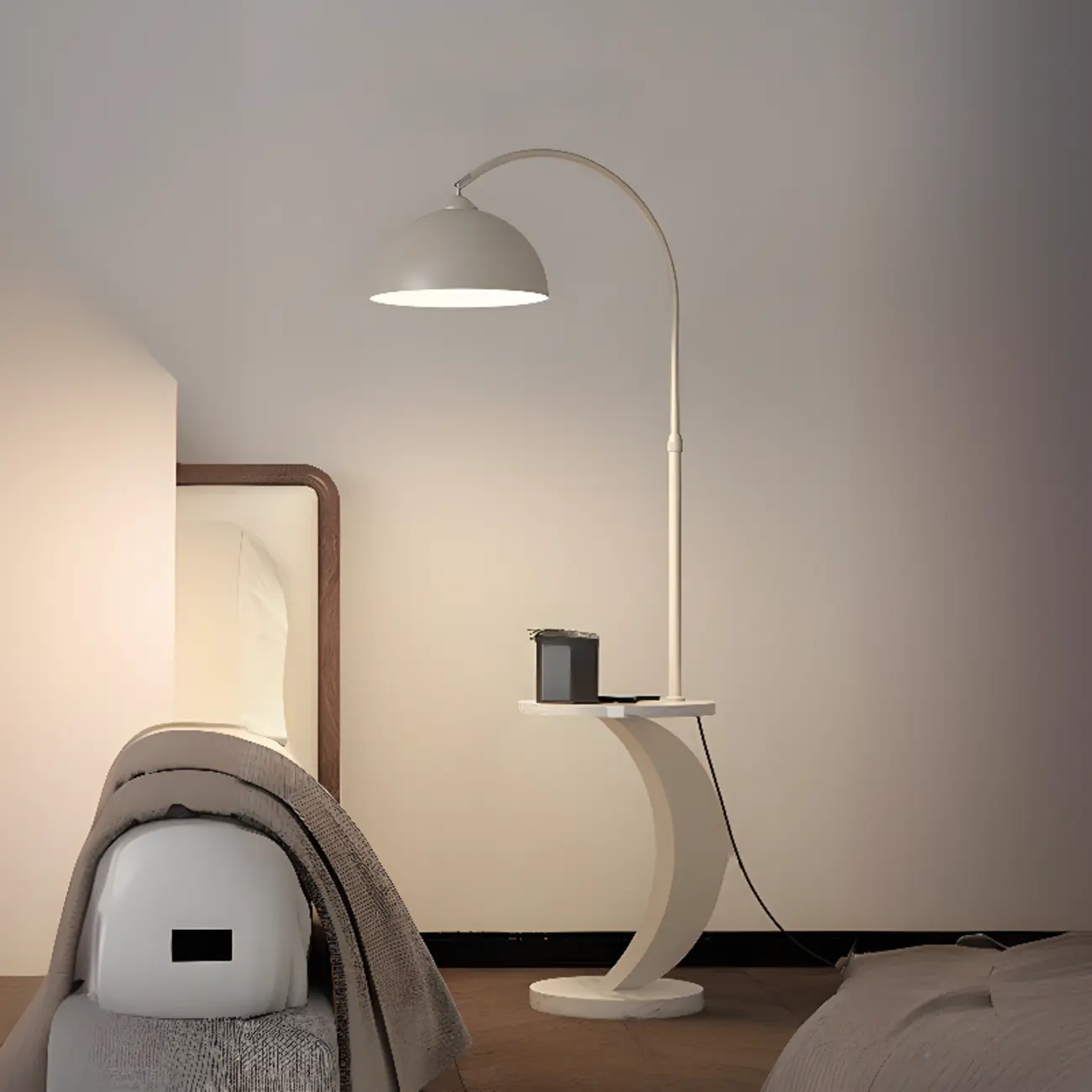 Geometric Ivory Arc LED Floor Lamp with Storage Shelf for Indoor | homeyfad