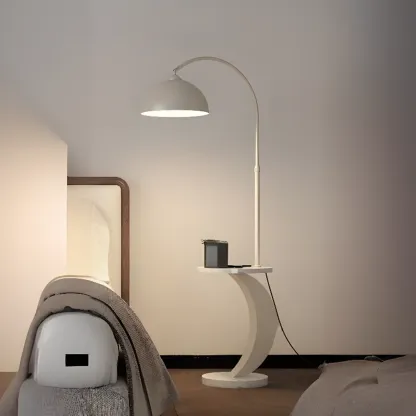 Geometric Ivory Arc LED Floor Lamp with Storage Shelf for Indoor