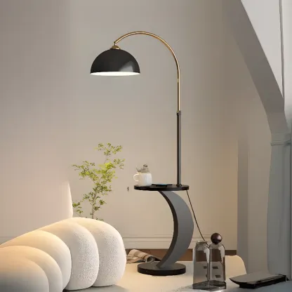 Geometric Ivory Arc LED Floor Lamp with Storage Shelf for Indoor