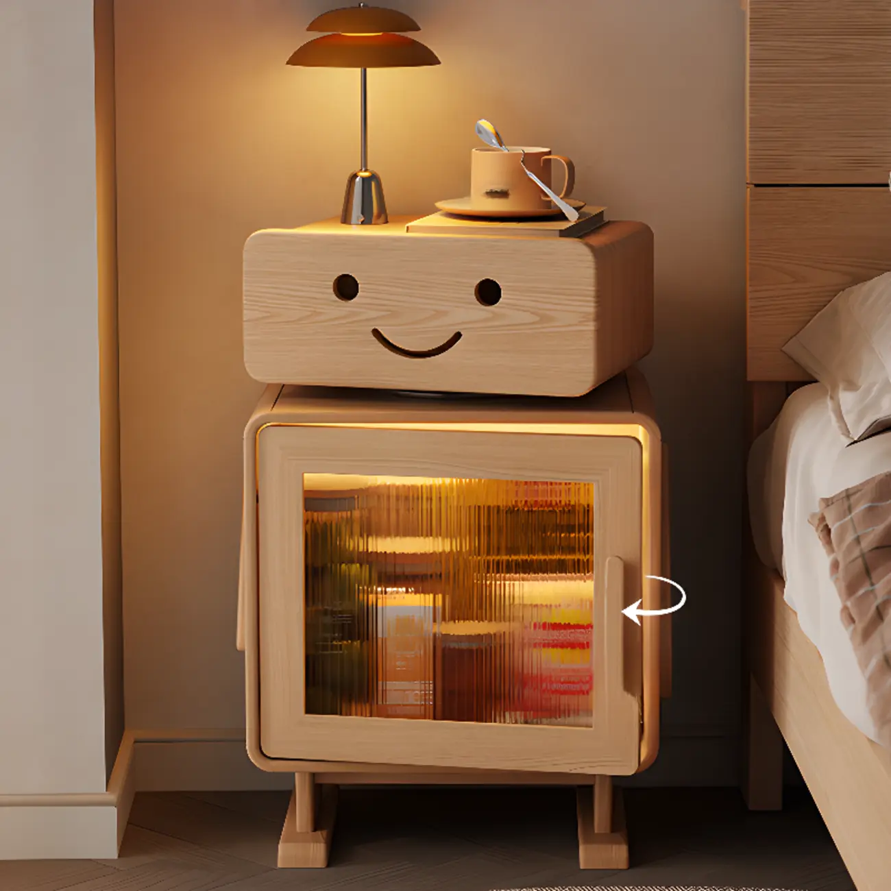 Natural Wooden Robot Shaped Storage Nightstand with Light Image - 1 | homeyfad