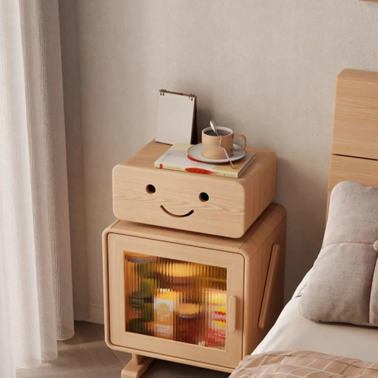 Natural Wooden Robot Shaped Storage Nightstand with Light Image - 2 | homeyfad