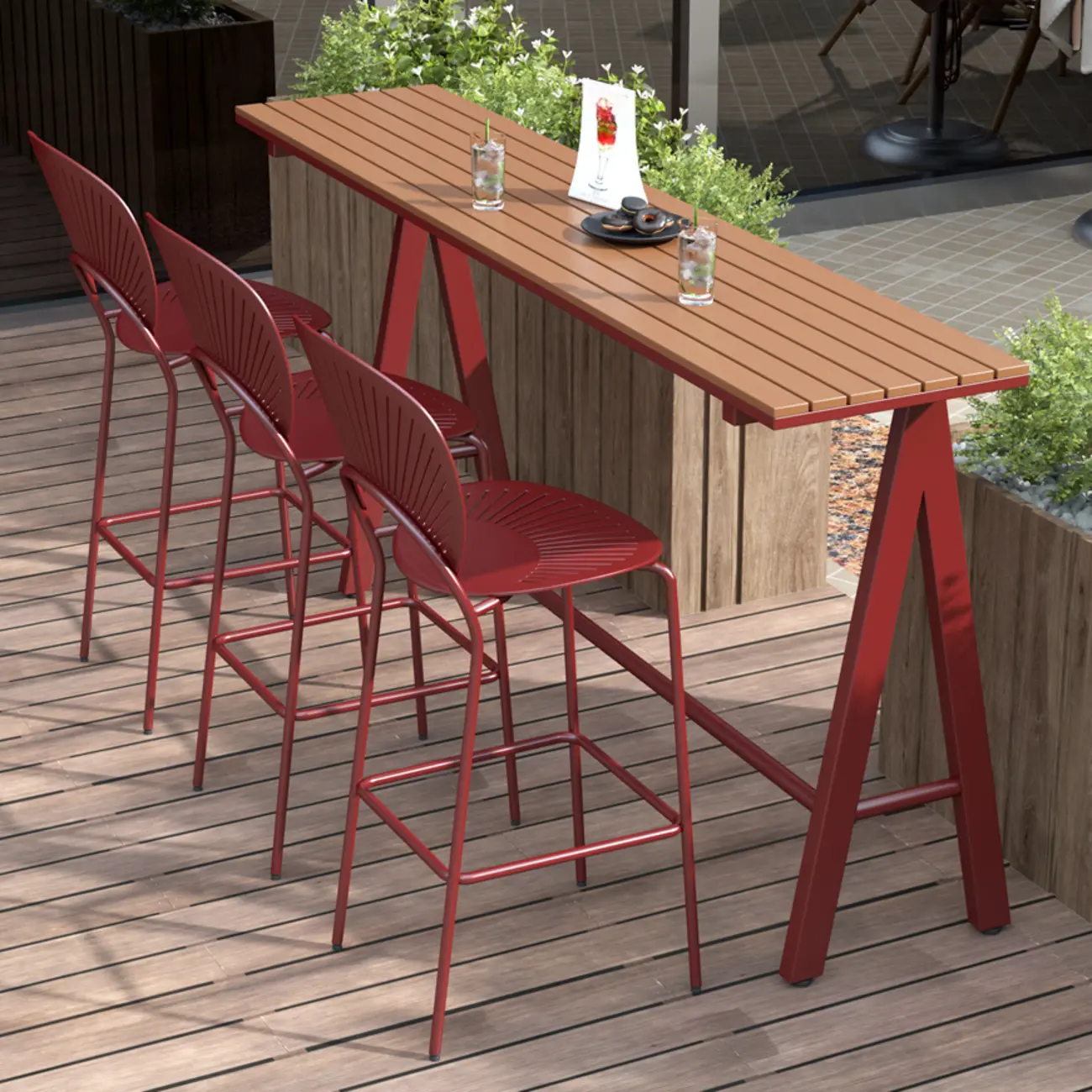 Green Metal Foot Support Wood Slat Outdoor Bar Tables Image - 1 | homeyfad