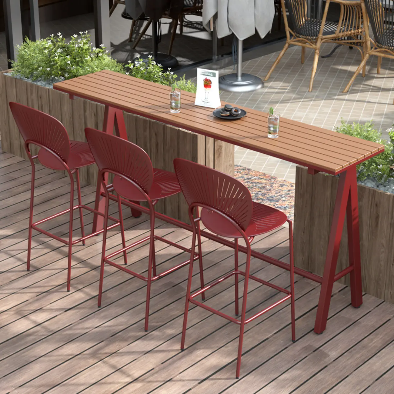 Green Metal Foot Support Wood Slat Outdoor Bar Tables Image - 4 | homeyfad