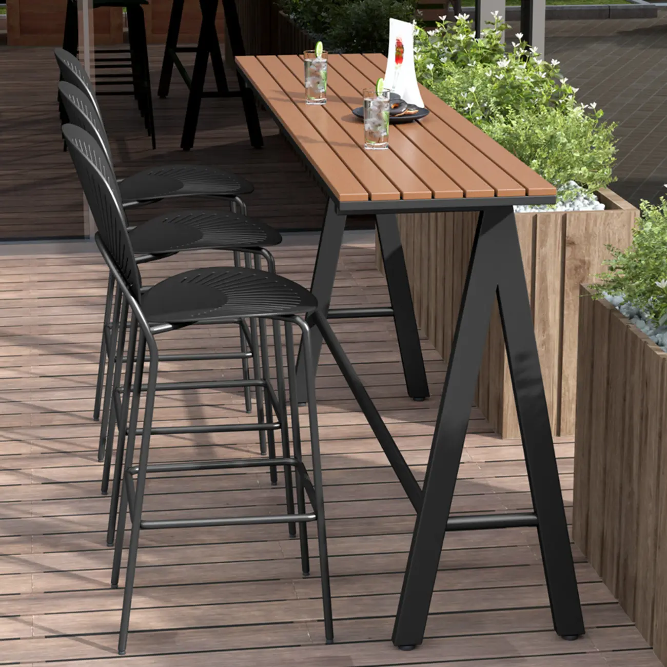 Green Metal Foot Support Wood Slat Outdoor Bar Tables Image - 6 | homeyfad