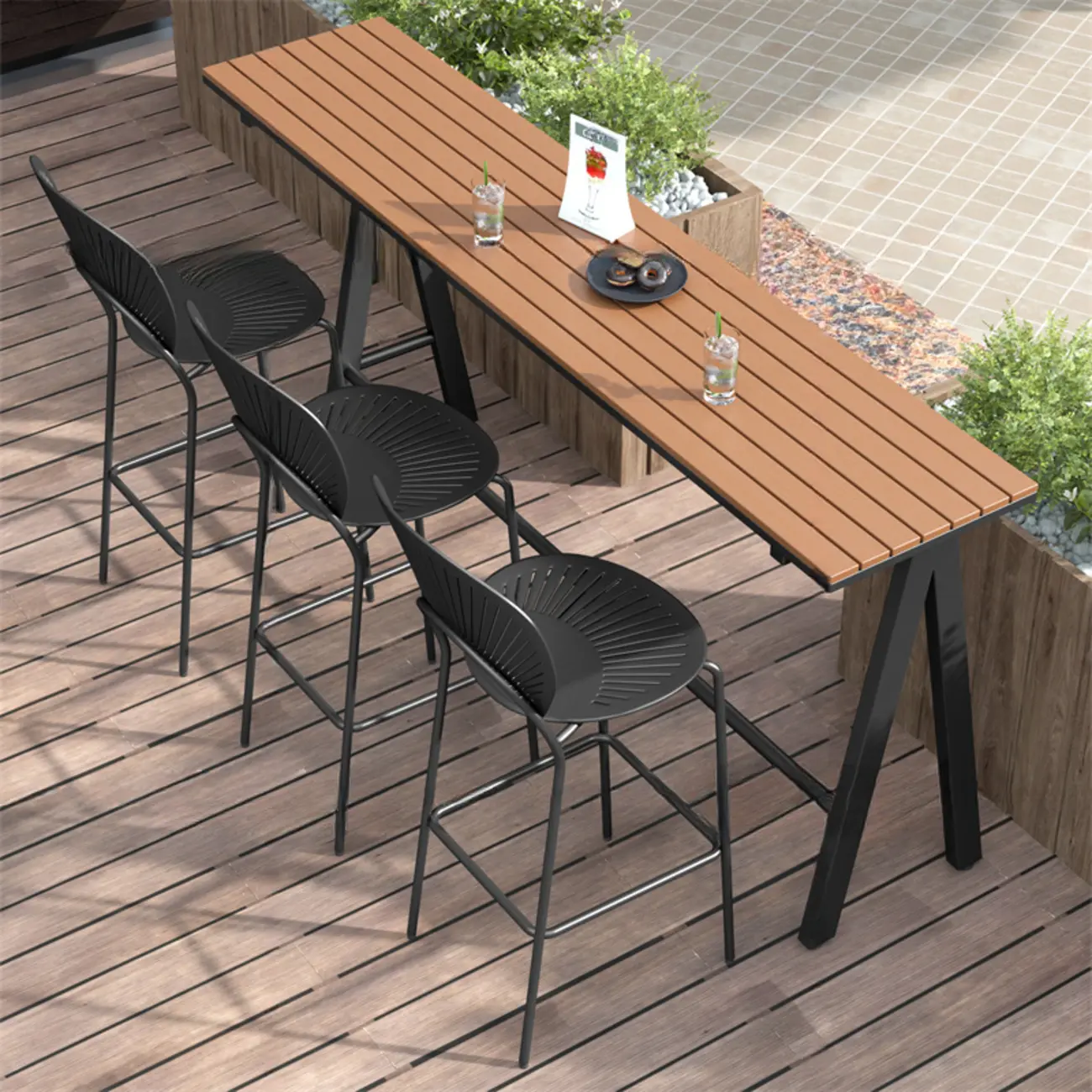 Green Metal Foot Support Wood Slat Outdoor Bar Tables Image - 7 | homeyfad