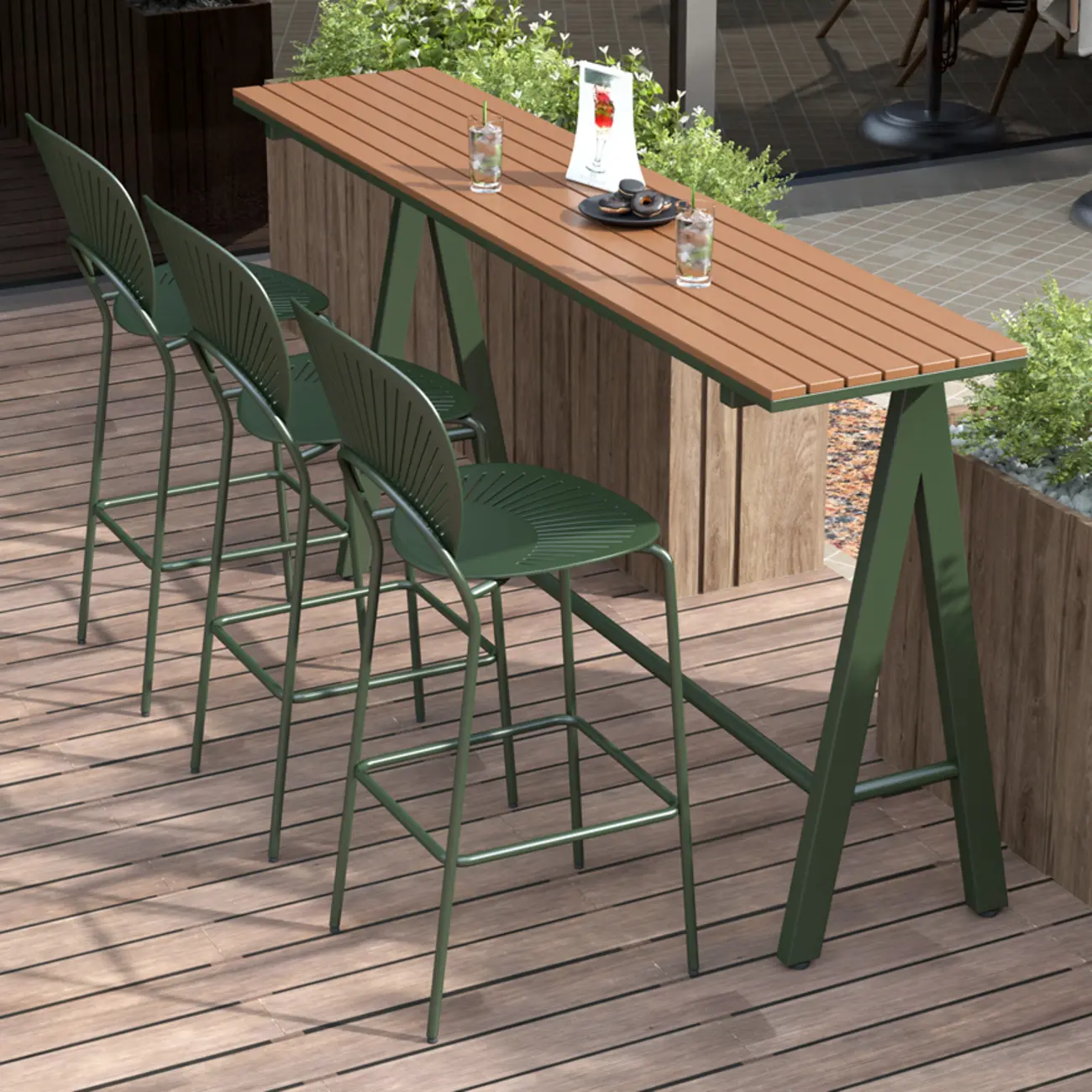 Green Metal Foot Support Wood Slat Outdoor Bar Tables Image - 8 | homeyfad