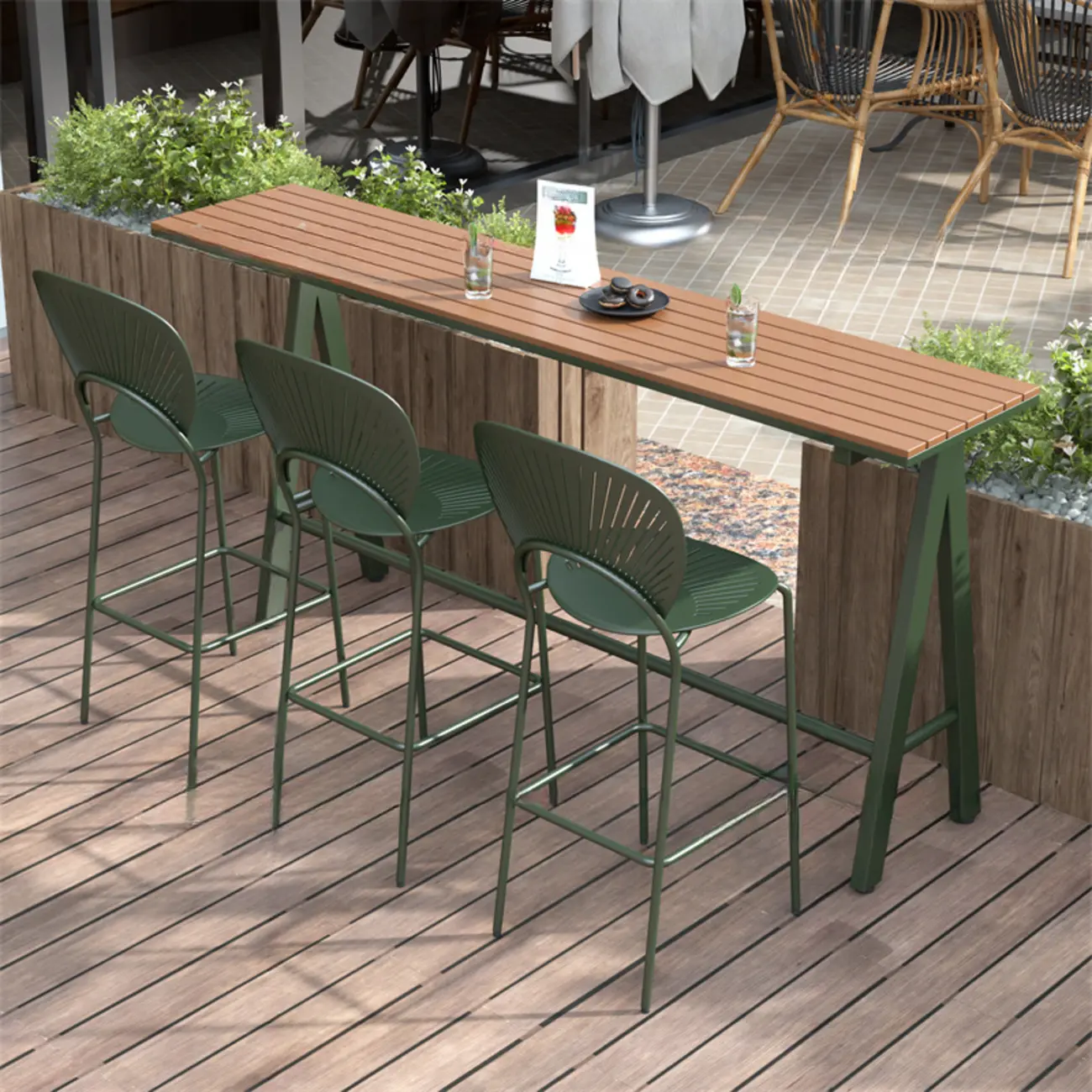 Green Metal Foot Support Wood Slat Outdoor Bar Tables Image - 9 | homeyfad