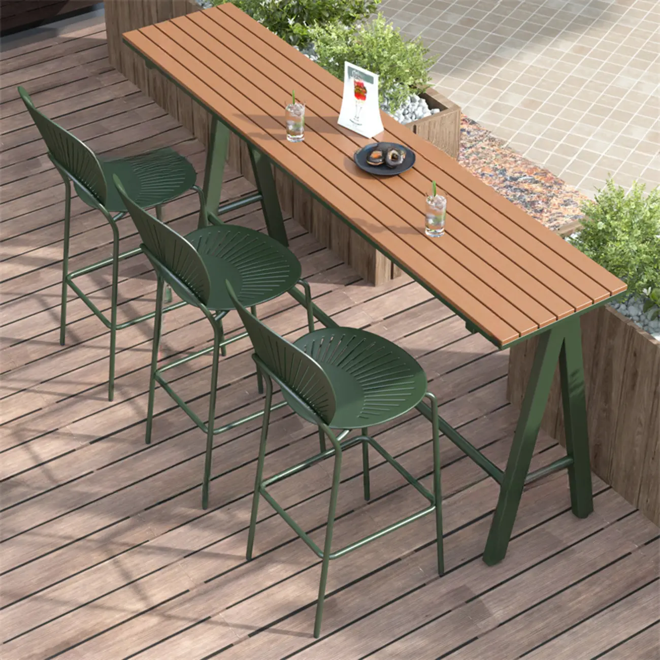 Green Metal Foot Support Wood Slat Outdoor Bar Tables Image - 10 | homeyfad