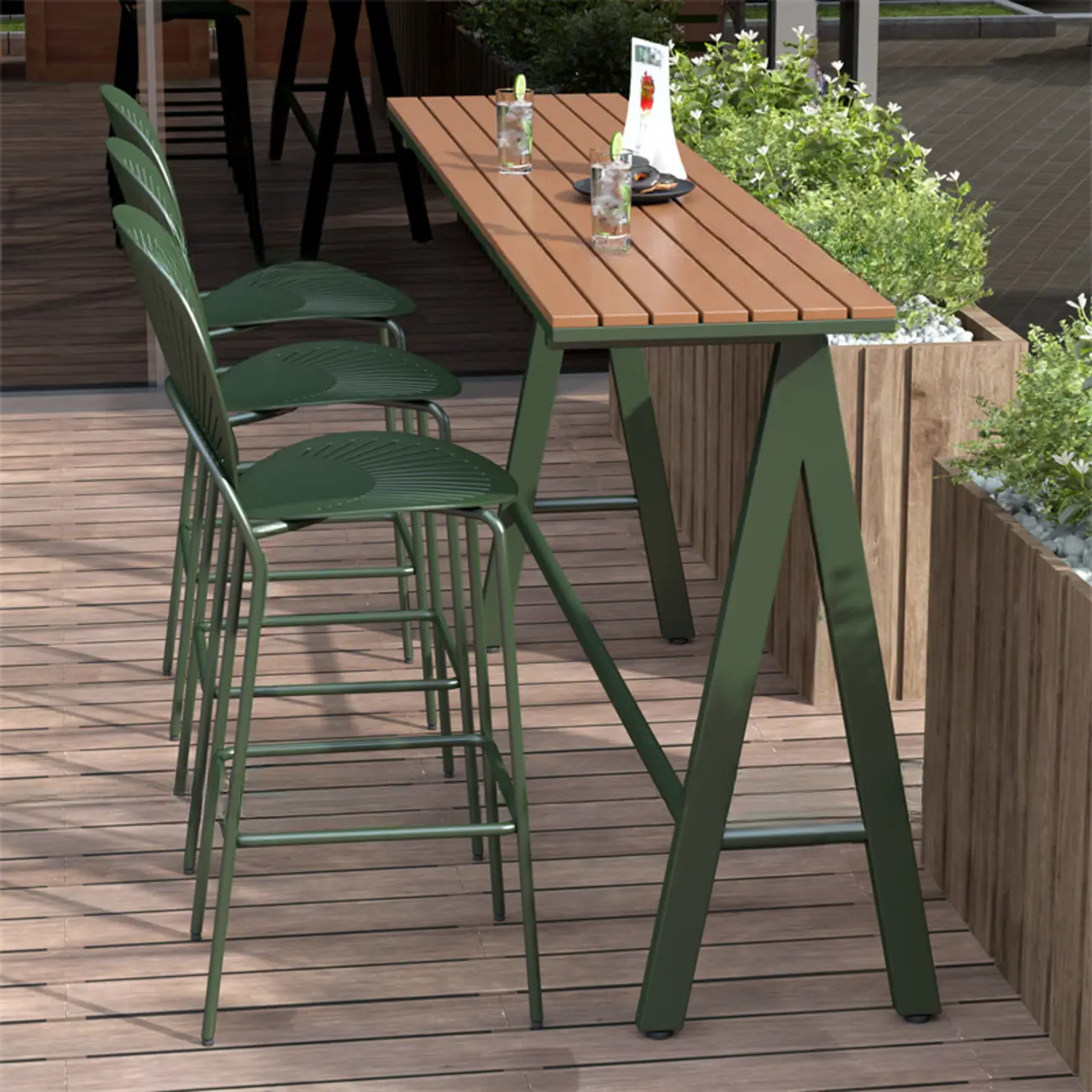 Green Metal Foot Support Wood Slat Outdoor Bar Tables Image - 11 | homeyfad
