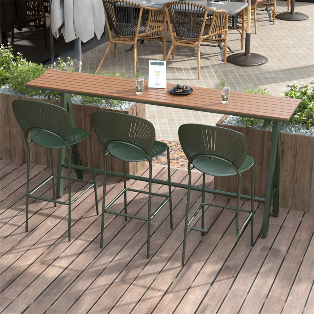 Green Metal Foot Support Wood Slat Outdoor Bar Tables Image - 12 | homeyfad