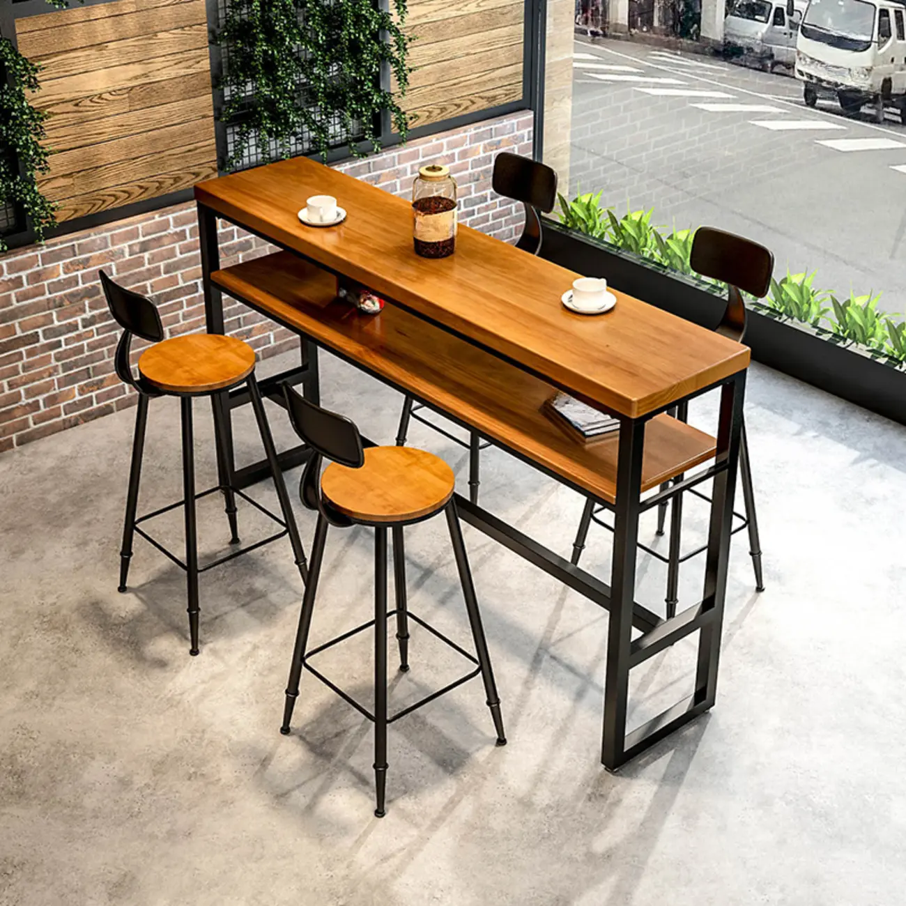 Modern Brown Wooden Metal Sled Shelf Bar Tables with Footrest Image - 1 | homeyfad