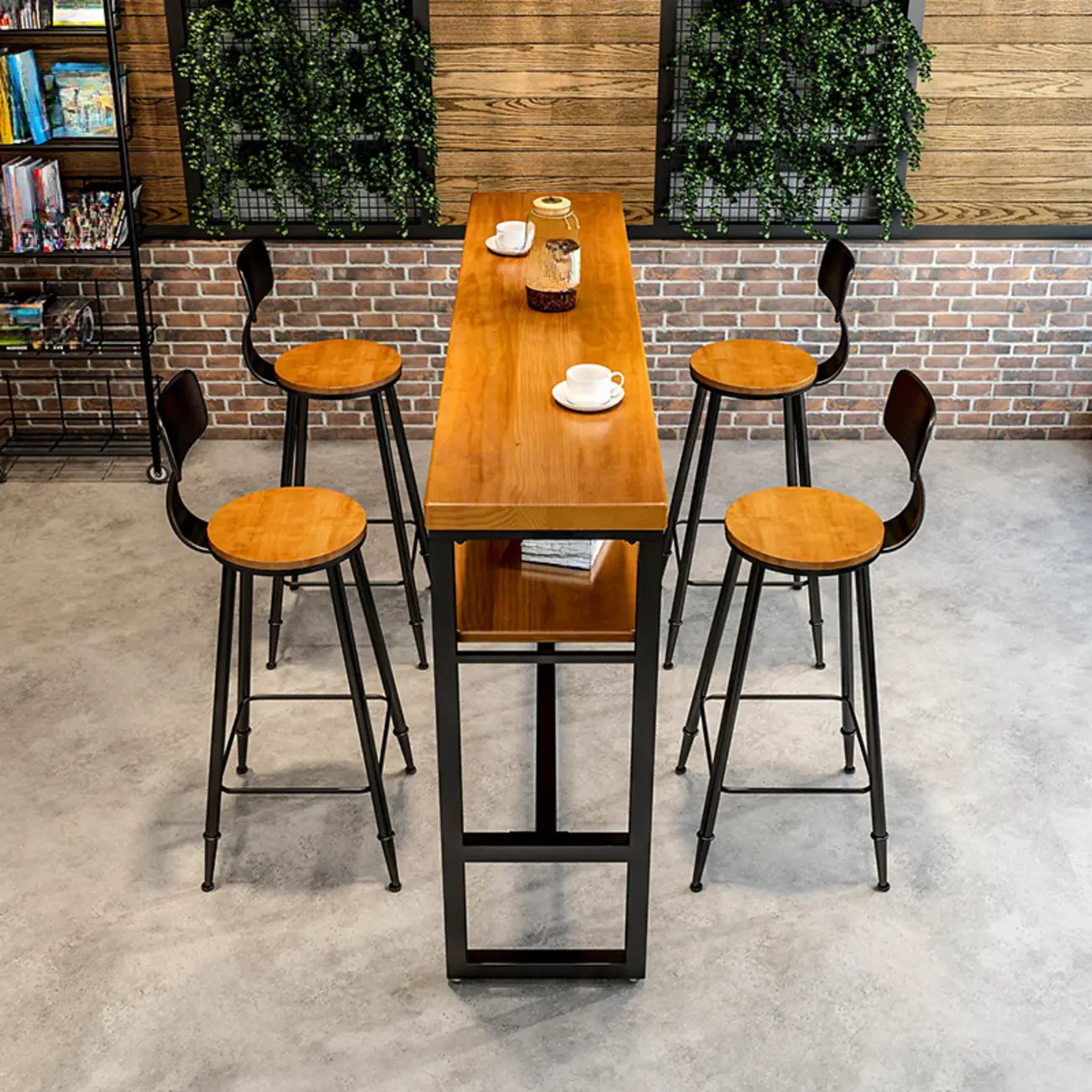 Modern Brown Wooden Metal Sled Shelf Bar Tables with Footrest Image - 2 | homeyfad